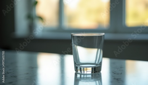 Clear Refreshing Water in a Drinking Glass on a Countertop with a Blurred Background of a Window and Autumn Trees