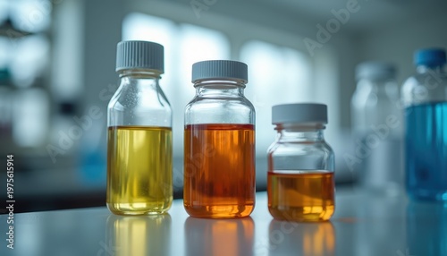 Three laboratory glass bottles with colored liquids amber yellow and blue stand on a white table in a research facility