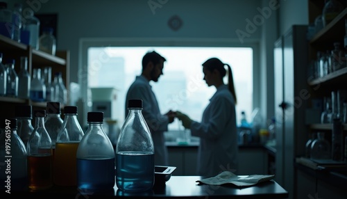 Two Scientists in Lab Coats Discussing Research Amidst Shelves of Glassware and Vials in a Dimly Lit Laboratory with