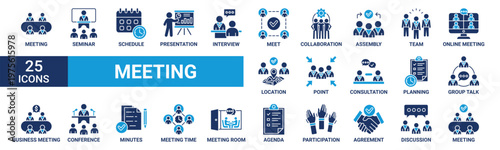 Meeting icon set. Containing seminar, schedule, presentation, interview, meet, collaboration, assembly, team and more. Solid vector icons collection.