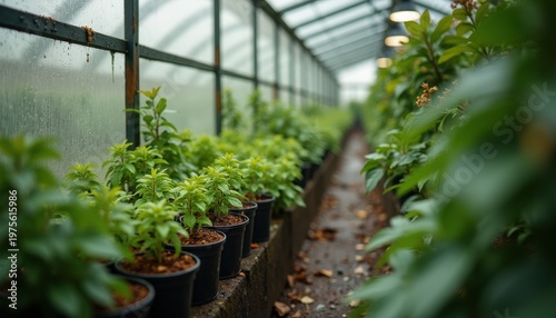 Lush Greenery Rows of Potted Plants in a Humid Greenhouse with Soft Natural Light and Rain Streaks on Glass