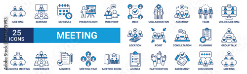 Meeting icon set. Containing seminar, schedule, presentation, interview, meet, collaboration, assembly, team and more. Blue vector icons collection.