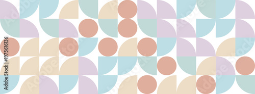 The design displays a series of geometric shapes in soft colors arranged on a white background. The circles and curves create an eye catching pattern.