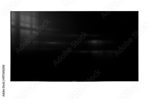 Modern flat screen television with glossy black display, sleek smart TV monitor with window light reflections, minimalist home cinema hardware isolated PNG with Transparent Background