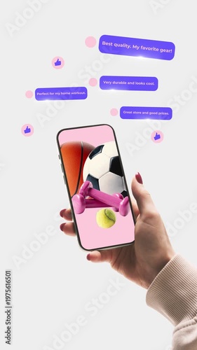 Mobile app with sports equipment and positive customer feedback messages on screen. Concept of ecommerce reviews, fitness product promotion, user generated content, online shopping experience.