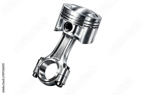Polished chrome engine piston with connecting rod, metallic automotive component for internal combustion, high performance car engine part isolated PNG with Transparent Background