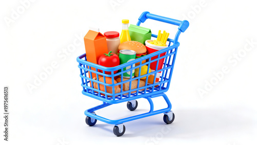 Blue Shopping Cart · Groceries 3D Shopping Scene