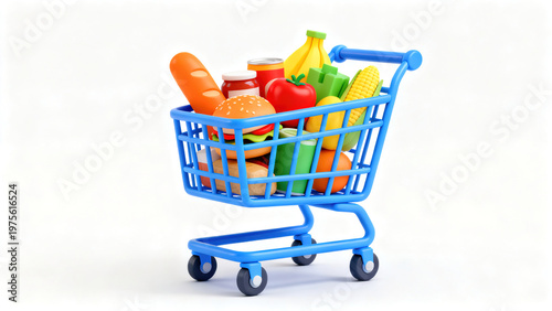 Blue Shopping Cart · Groceries 3D Shopping Scene