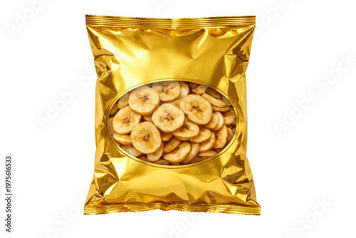 Golden foil snack bag with banana chips, metallic food packaging with transparent window, dried fruit slices in premium gold pouch isolated PNG with Transparent Background