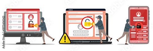 Set collection of cyber attack with hacker stealing personal data from computer, laptop, and smartphone