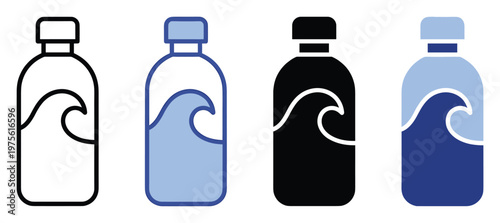 Modern water bottle icons in multiple styles including line, filled, and glyph, ideal for representing hydration, beverage, ocean, and liquid themes in digital media, websites, and printed