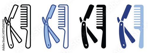Professional barber shop grooming tools featuring a sharp straight razor and hair comb, perfect for icons, signs, and graphic design for mens hair salons