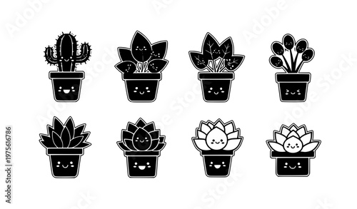 Cute black and white smiling house plant icon set with cartoon potted plant characters
