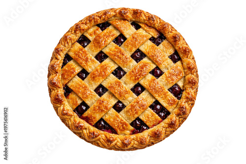 Freshly baked cherry pie with golden lattice crust, top view of homemade fruit tart, traditional berry pastry for holiday dessert menu isolated PNG with Transparent Background