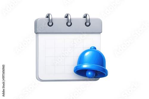 3D calendar icon with blue notification bell, digital schedule planner for appointment reminders, glossy business organizer and event alert isolated PNG with Transparent Background