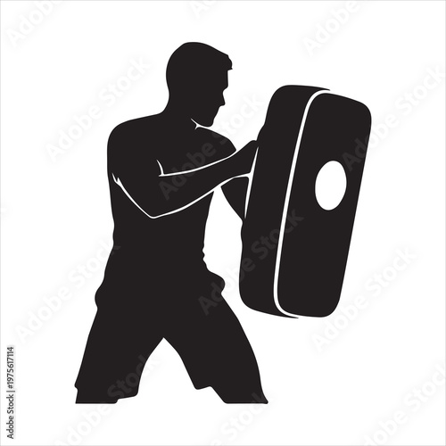 Martial arts training, kickboxing punching shield, combat sports equipment, fitness vector icon