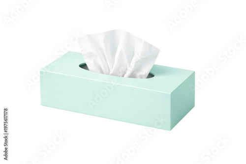Mint green tissue box with white paper, facial tissues in pastel dispenser, soft hygiene paper for cold and flu relief, modern bathroom accessory isolated PNG with Transparent Background