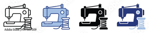 Comprehensive sewing machine icon set showcasing essential needlework tools and textile creation equipment for craftrelated applications and hobbyist projects.