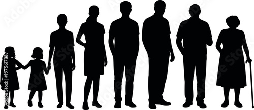 Human life stages silhouettes from childhood to elderly, family growth and aging concept, progression of age, development and generational life journey