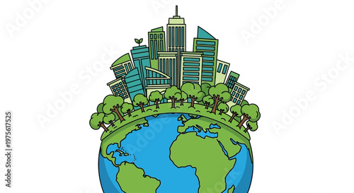 Eco-friendly city skyline built on a green earth, symbolizing urban sustainability and environmental consciousness