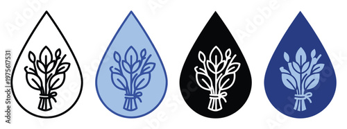 Stylized water drop icon with a delicate plant bundle inside, representing natural essence and organic products, suitable for ecofriendly branding and wellness applications