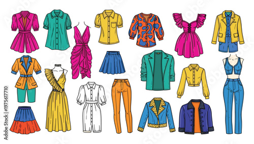 Vibrant collection of womens apparel featuring diverse dresses, blouses, skirts, and jackets, perfect for wardrobe planning, style guides, and clothing promotions.