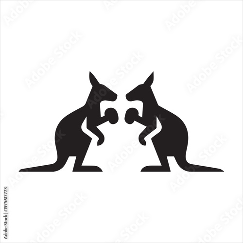 Symmetrical black silhouette of two boxing kangaroos wearing gloves, Australian wildlife sports mascot, minimalist kangaroo fighting vector illustration on white