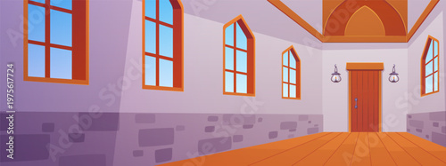 Church or chapel hallway interior with stone walls, door, arch stained glass windows and lanterns, vector corridor