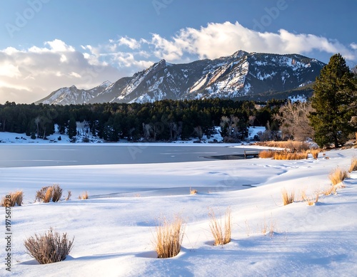 A serene winter landscape with snow-covered mountains and a frozen lake