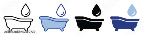 Versatile bathtub and water drop symbol collection illustrating bathing, water utility, and cleanliness, ideal for web icons, mobile apps, and service advertising.