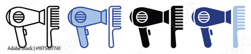Hairdryer and comb icons in diverse styles and colors symbolizing professional hair care and styling services, perfect for web, mobile apps, and graphic design projects.