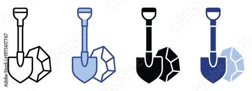 Mining shovel and precious crystal symbol set for various applications like mobile app icons game elements or business resource indicators