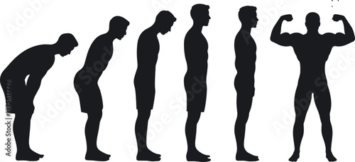 Male fitness progression silhouettes from poor posture to muscular bodybuilder, transformation concept, strength training, health improvement and physical development journey