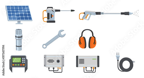 Comprehensive collection of essential tools and equipment including solar panel, pressure washer, wrench, and safety gear for various industrial and DIY projects