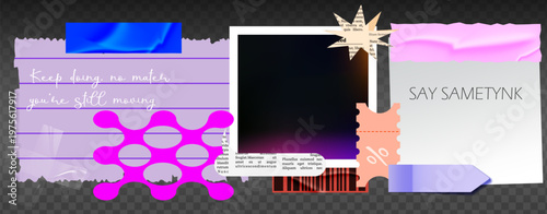 Retro scrapbook kit with vintage film strips, nostalgic stickers, torn edges, and Y2K aesthetic elements for creative album layouts and memory keeping.