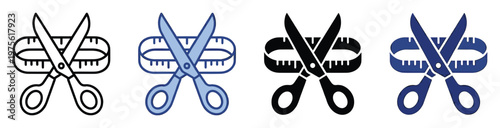 Professional tailoring and sewing equipment icons featuring sharp scissors and a flexible measuring tape for handicraft and textile industry applications