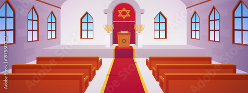 Empty synagogue interior with benches, an altar with an aron kodesh, and a Star of David.