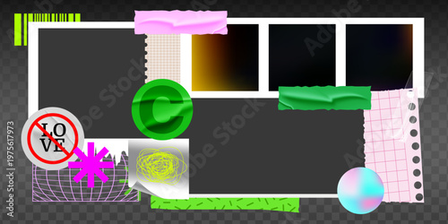 Nostalgic photo collage elements with Y2K aesthetic: vintage film strips, torn paper textures, retro stickers, and scrapbook frames for creative designs.