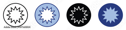 Starburst icon symbol collection in outline, filled, and colored variations, useful for web graphics, application interfaces, and user experience designs and notifications.