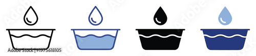 Stylized graphic icons depicting a water drop falling into a basin of liquid, symbolizing concepts like washing, hydration, and purity, ideal for applications, packaging, or educational