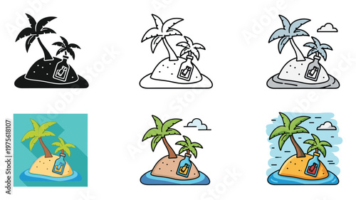 A collection of various styled tropical island icons showcasing swaying palm trees and a message in a bottle, ideal for travel, vacation planning, or escape themed projects and promotions