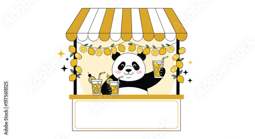 Adorable panda bear serving fresh lemonade at a striped yellow and white market stall with lemon decorations.