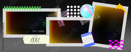 Nostalgic collage elements with vintage stickers, colorful tape, and realistic textures perfect for creative scrapbook layouts, retro design templates, and artistic projects.