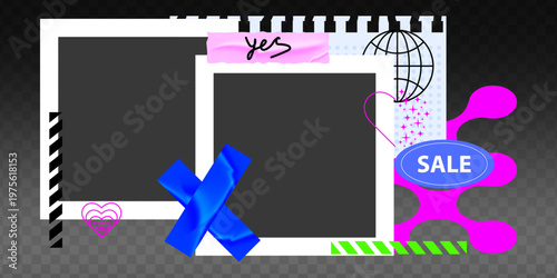 Retro photo frames with torn paper edges and Y2K sticker elements create a nostalgic scrapbook collage perfect for creative design projects and vintage-inspired layouts.