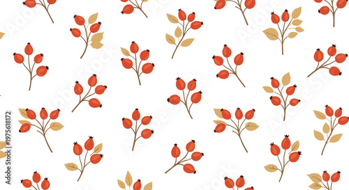 Seamless pattern of autumn rosehips and small berries on thin branches with yellow leaves over a clean white background.