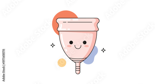 Cute pink menstrual cup character with a happy smiling face and sparkling stars on a white background with colorful shapes.
