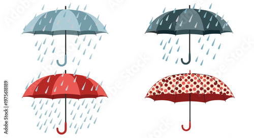 Set of four colorful umbrellas with raindrops falling including solid red, blue, dark grey, and a red polka dot pattern design.