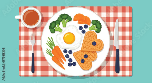 Healthy breakfast plate featuring heart shaped waffles with blueberries, a fried egg, carrots, broccoli, and a cup of tea.