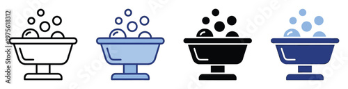 Collection of graphic elements illustrating laundry basin filled with frothy soap bubbles perfect for household cleaning product packaging, hygiene service advertisements, and domestic