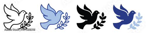 Peace dove holding an olive branch in various styles suitable for religious, spiritual, or political communication and graphic design projects